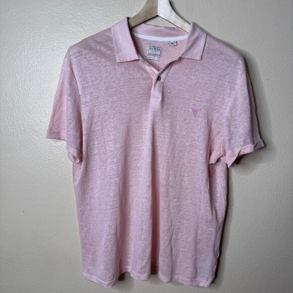 Guess Shirt Mens Medium Pink Polo Short Sleeve Collared Linen Lightweight - Picture 1 of 7